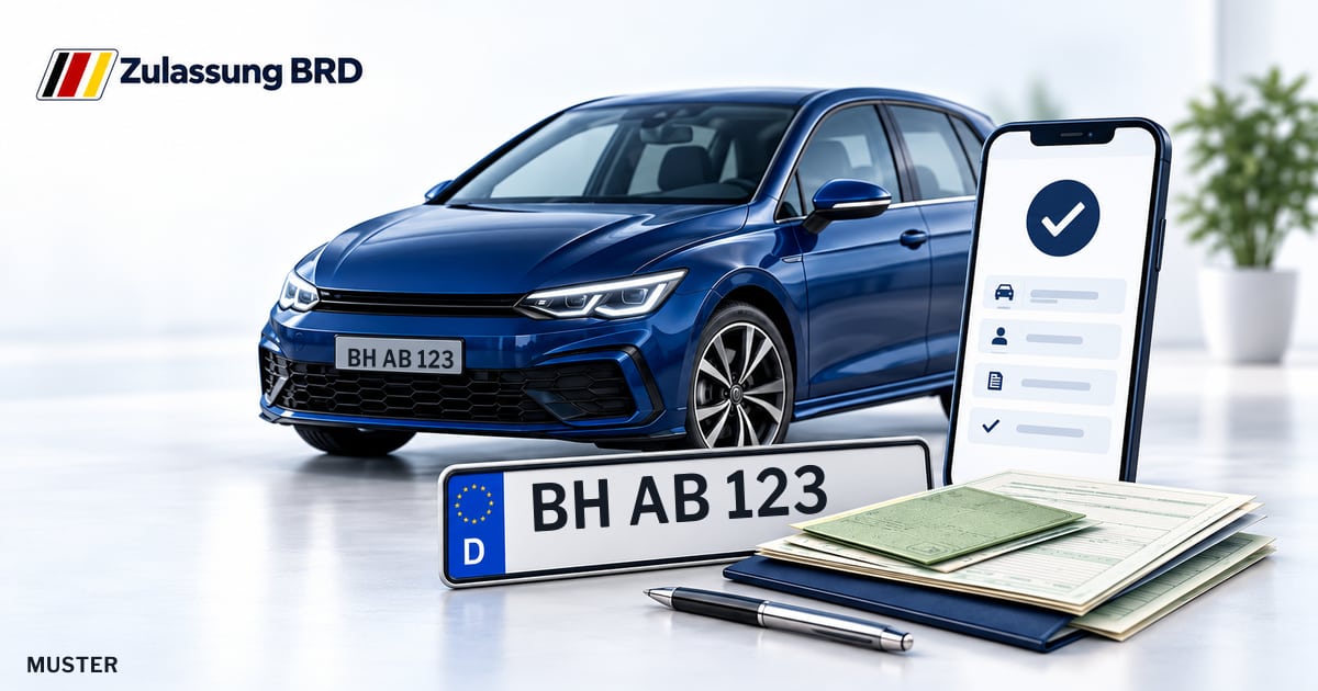 Online Fahrzeugzulassung in Gernsbach: Musterkennzeichen BH AB 123, Auto und Fahrzeugpapiere und Smartphone. Illustration mit Logo von Zulassung BRD.